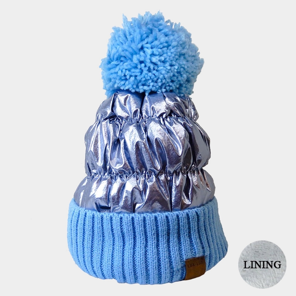 Shiny Blue Fur Pom Pom Style Winter Beanie Hat Fashion Statement Accessories